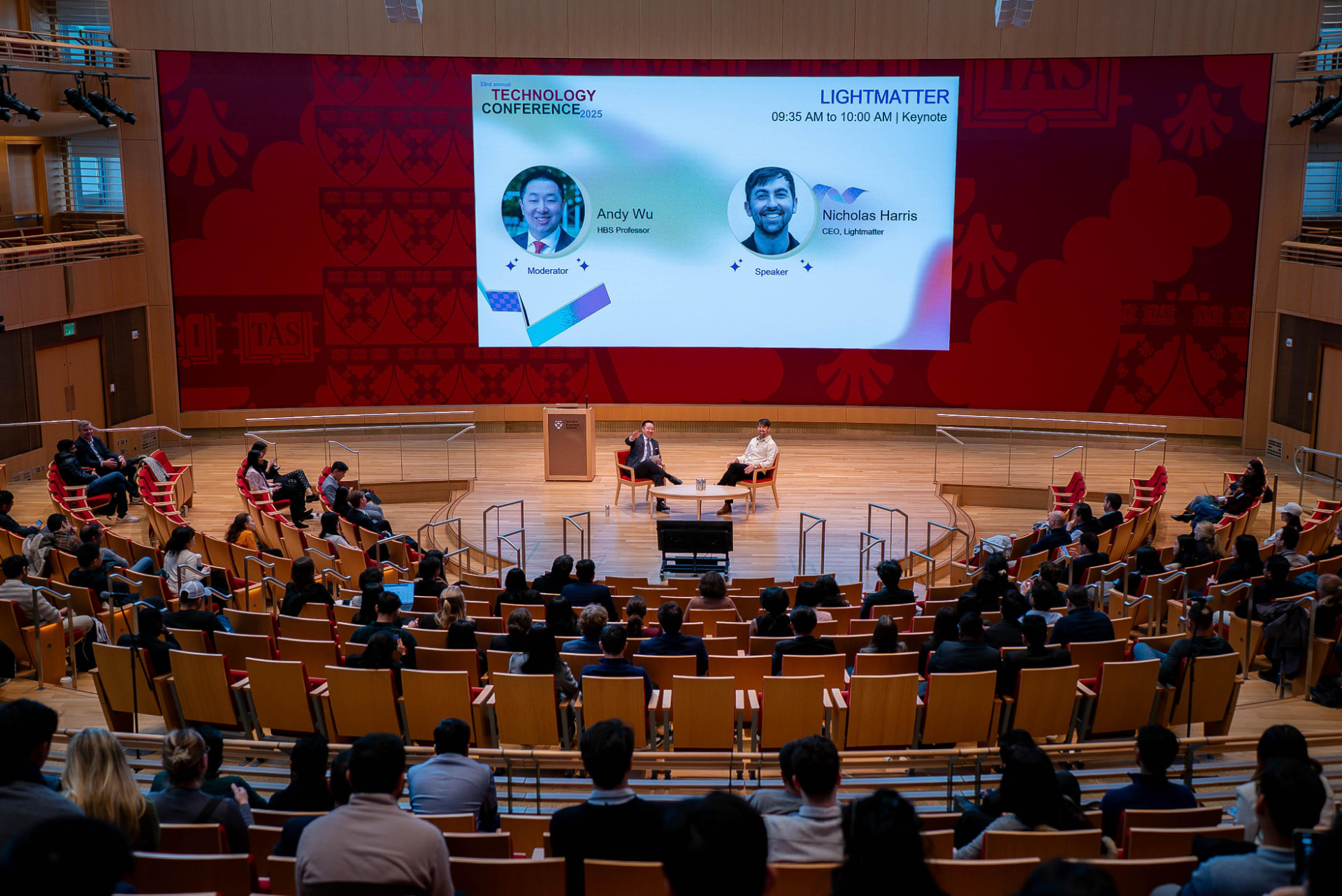 Two keynote speakers on stage at the HBS Technology Conference